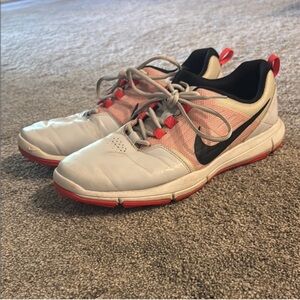 Nike White and Red Sneakers with Black Swoosh